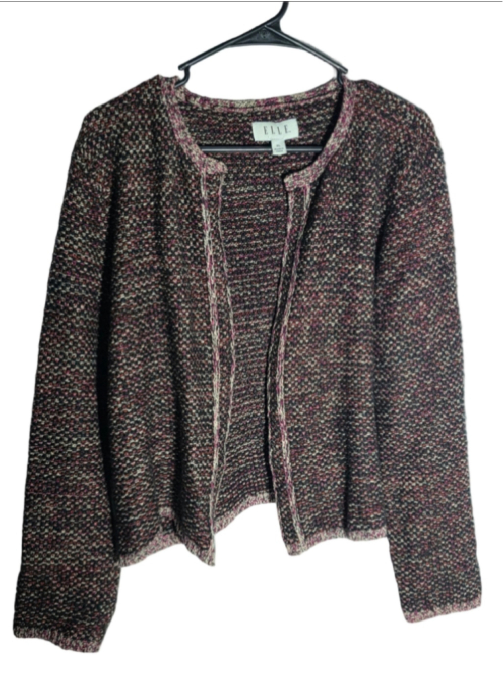 Women's ELLE Cardigan Sweater XL Black Pink Knit Open Front vintage-inspired